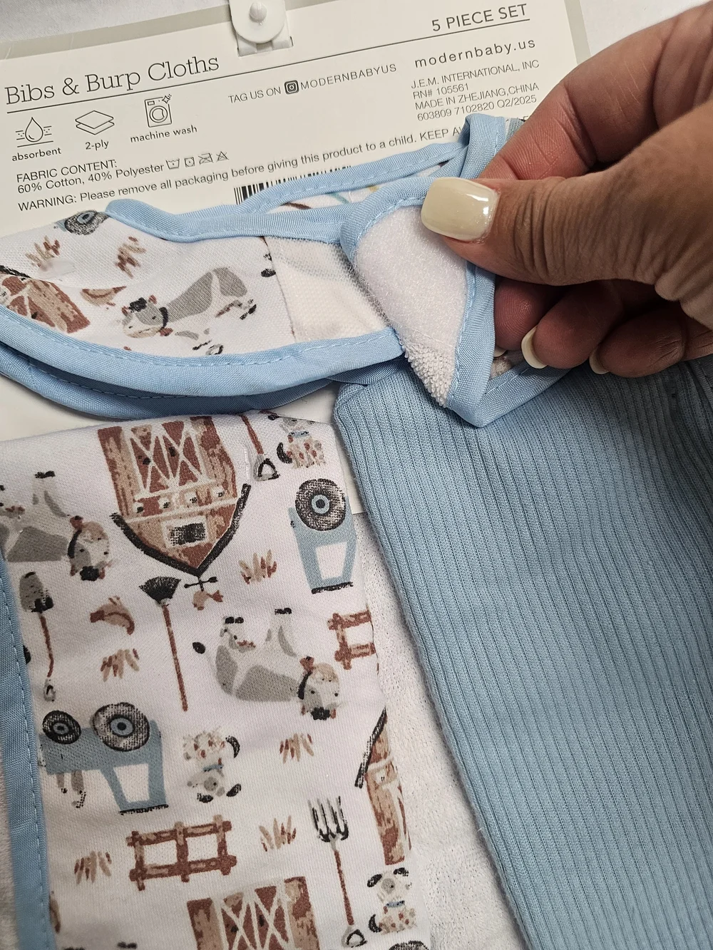 Blue Farm Print Reversible Bibs & Burp Cloth 5 Piece Set